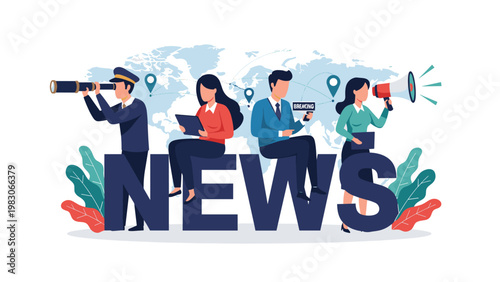 Group of media professionals sitting on the word news using a telescope, megaphone, and digital devices to gather and spread information.