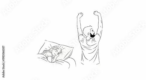 A woman sleeps while a man stretches vigorously, starting the day