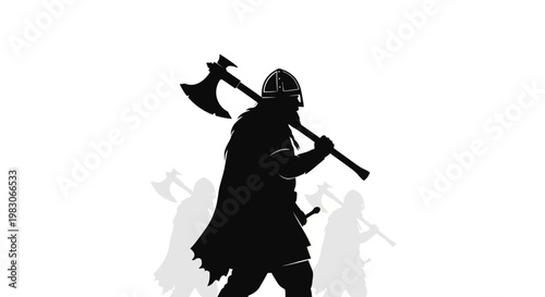Viking Warrior Silhouette with Axes, Medieval Warrior Group, Historical Battle Concept