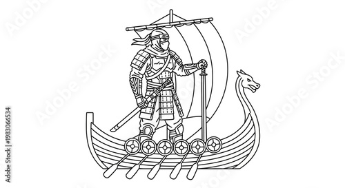 Viking warrior on a longship with sword and shield, historical illustration