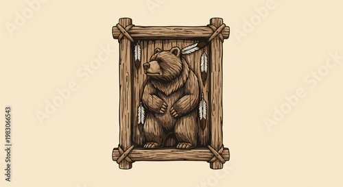 A wood carving of a bear with feathers in a wooden frame