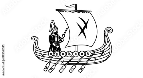Viking Ship with Warrior and Oars, Ancient Nordic Longboat, Black and White Illustration