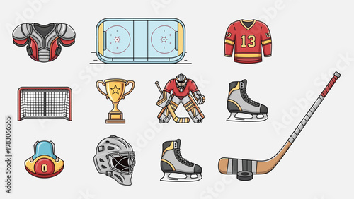 Comprehensive set of ice hockey icons including jerseys, skates, sticks, helmets, pads, goals, and a golden trophy for sports branding.
