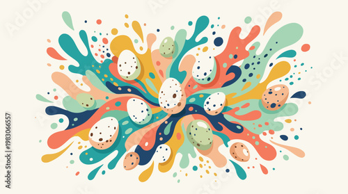 Abstract splash composition with colorful fluid shapes and seeds resembling dragon fruit, creating a vibrant and dynamic design.