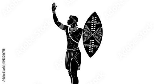 Zulu Warrior with Shield and Spear, African Culture, Traditional Attire, Black and White Illustration