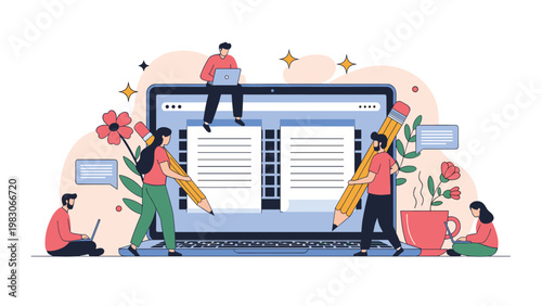 Group of creative people working together on a large laptop to write and edit content with giant pencils, flowers, and coffee.