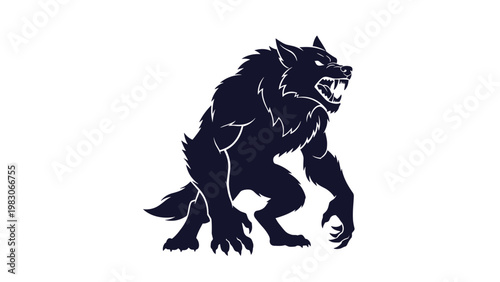 Powerful black silhouette of a snarling wolf or werewolf in a dynamic predatory stance suitable for logos or sports mascots.