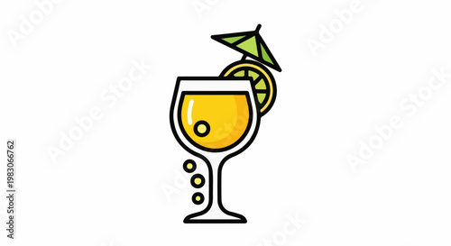 A stylized illustration of a tall glass filled with a bright yellow drink
