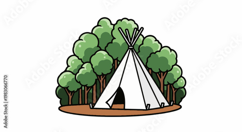 A white tent is pitched in a forest clearing with large, leafy trees