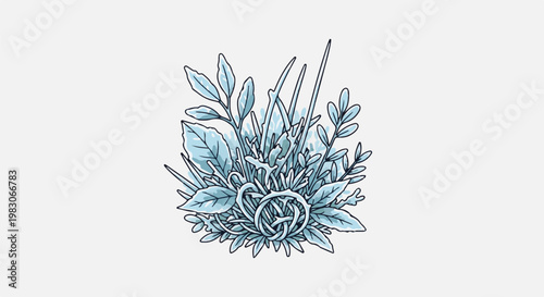 A stylized blue-toned drawing of interwoven leaves and branches