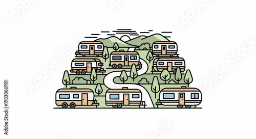 A stylized campsite scene with multiple trailers nestled amongst trees