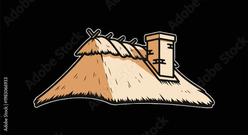 A stylized cartoon of a thatched roof with a chimney