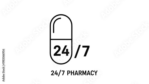 Simple black and white line art icon of a medical pill capsule with 24/7 pharmacy text for healthcare and urgent medicine services.