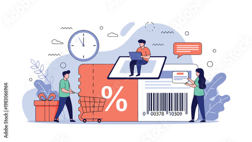 Shopping team using a giant discount coupon and barcode scanner to illustrate promotions, sales, and efficient retail management strategies.