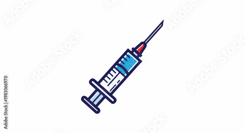 A stylized injection syringe filled with blue liquid
