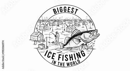 A vintage emblem depicts an ice fishing scene with a large fish and small huts