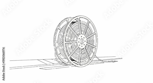 A vintage film reel with tape unwound rests on a flat surface