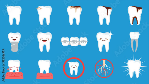 Large set of dental icons showing various stages of tooth health from clean and shiny to decayed, broken, and treated with braces or implants.