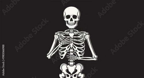 A stylized cartoon skeleton with its hands clasped over its chest, isolated on black