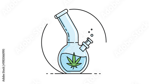 Glass bong with green cannabis leaf inside water chamber and air bubbles on white background with minimalist circle outline.