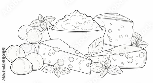 A still life drawing featuring assorted cheeses, fresh basil, and a bowl of dip