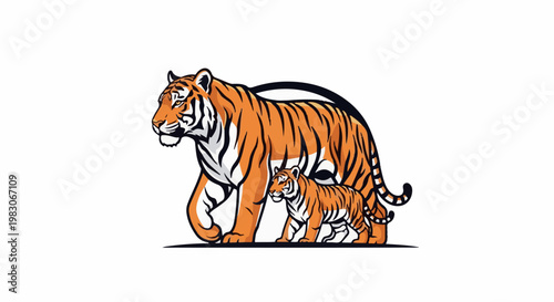 A stylized illustration of an adult tiger and cub walking side by side