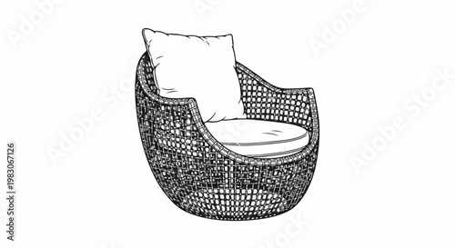 A woven egg-shaped chair with plush cushions