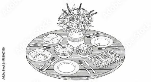 A still life sketch of a round table set for a meal with food and flowers