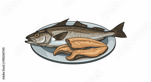 A whole fish and several fillets served on a grey plate