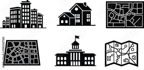 City planning, maps, and real estate building flat black icon set