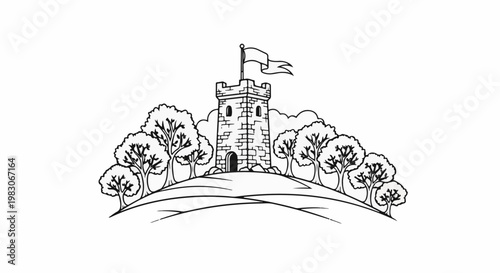 A stone tower with a flag stands on a hill surrounded by trees