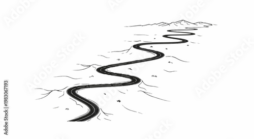 A winding asphalt road snakes through a barren landscape towards distant mountains