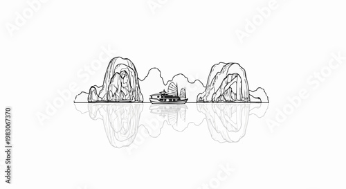 A sketched boat sails between limestone karsts with reflections