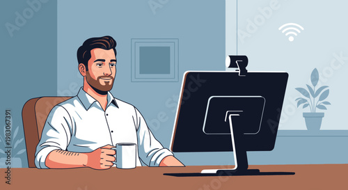 Man working remotely on computer with webcam, holding coffee mug, home office setup