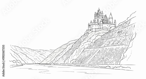 A stark line drawing depicts a grand castle perched atop a steep, terraced hillside overlooking a body of water