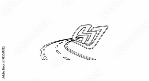 A stylized, abstract road curves upwards and right towards a sharp, angular graphic