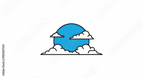 A stylized depiction of a bright blue circular object partially obscured by fluffy white clouds
