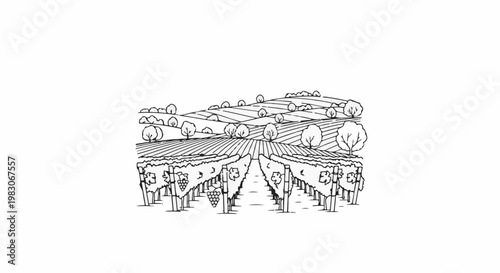 A sketch of rolling hills covered with vineyards and scattered trees