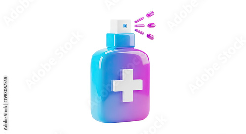 3D Medical Spray Bottle with Cross Symbol and Spraying Droplets