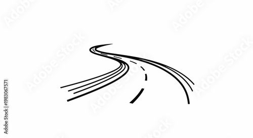 A stylized black and white drawing of a winding road curving into the distance