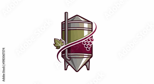 A stylized depiction of a fermentation tank with grape clusters and leaves