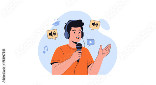 Podcaster Speaking into Microphone with Headphones, Sound and Education Icons