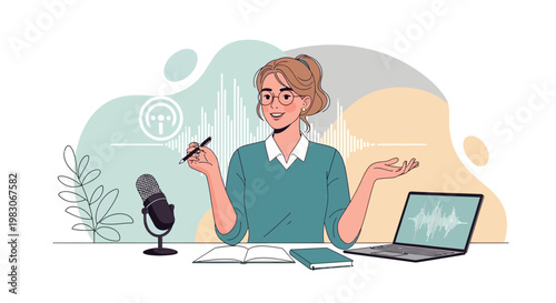 Podcaster Recording Audio with Microphone and Laptop, Sound Waves