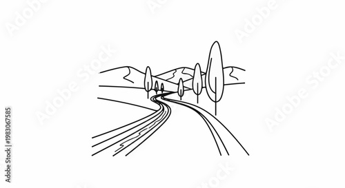 A stylized black and white drawing of a winding road leading to rolling hills and trees