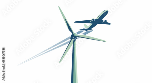 A stylized airplane flies near a tall wind turbine with sweeping blades
