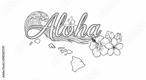 A stylized "Aloha" text graphic with Hawaiian islands, waves, and flowers