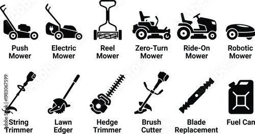 Flat design vector illustration of various lawn care equipment and gardening tools