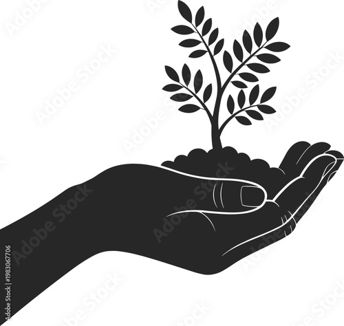 Silhouette of hand holding plant, growth symbol, environmental care, sustainability concept, eco-friendly design, nature protection, nurturing illustration