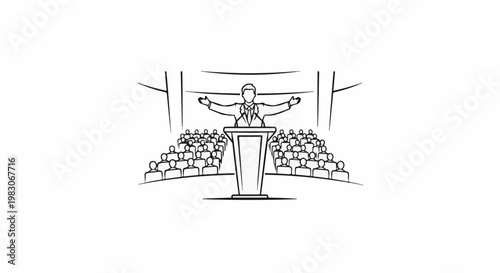 A speaker addresses a large audience from a podium in a sketch