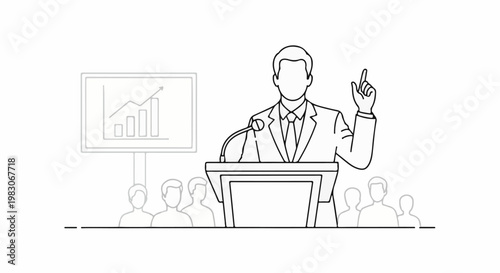 A speaker addresses an audience next to a presentation screen with a growing bar graph